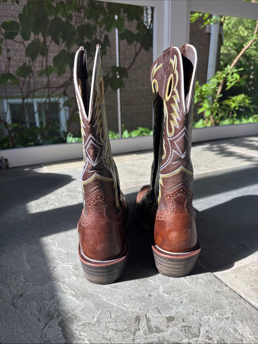 Ariat Brown Leather Cowboy Boots with Yellow Embroidery - Picture 3 of 5